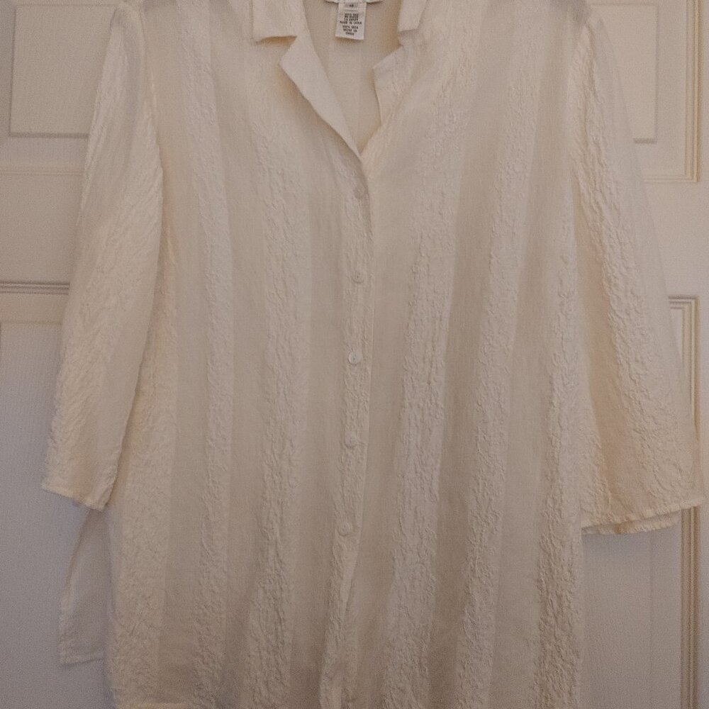 Rena Rowan Cream 3/4 Sleeve Crinkled 100% Silk Button Down Shirt Size 12